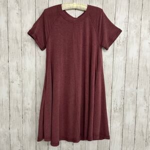 Ces Femme Burgundy Short Sleeve Plain Basic Pockets Comfy Casual T-Shirt Dress M
